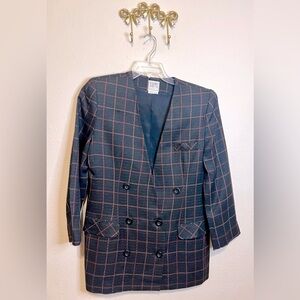 Stylish Suits Galore Double-Breasted Blazer in Black and Copper Plaid. Size 8
